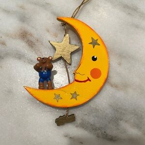 VTG Wooden Painted Ornament with Moon, Star and Teddy Bear